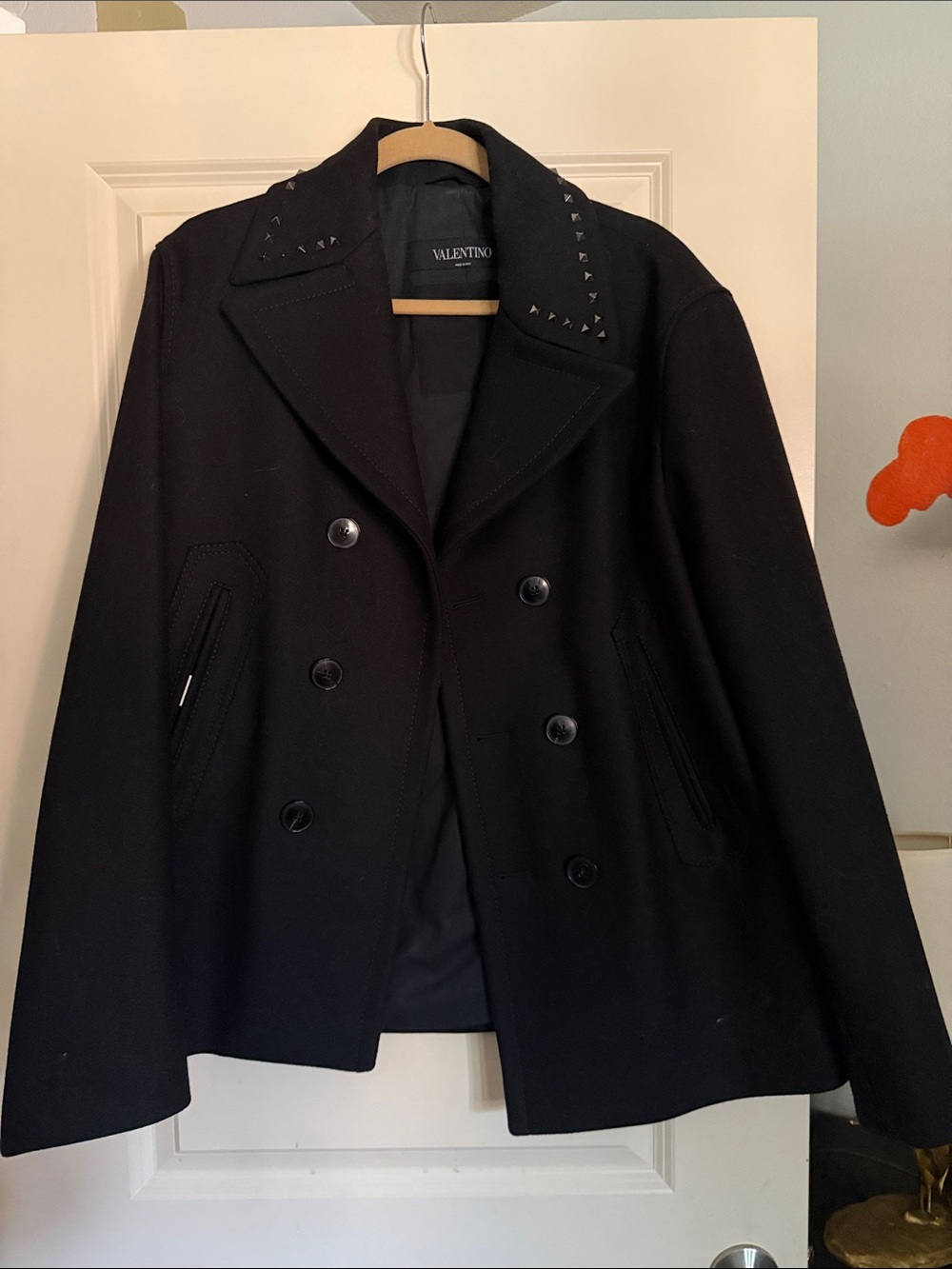 Valentino - Black Double-Breasted Wool Coat with Studded Collar (2missing studs)